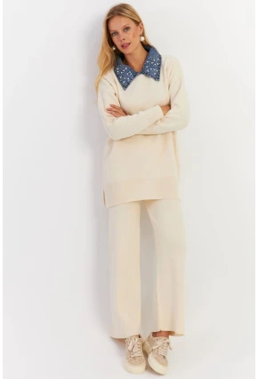 Kadın Ekru Denim Yakalı İncili Alt Üst Triko Takım NUV22