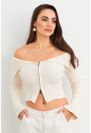 Kadın Ekru Devrik Yaka Kısa Hırka TEM103