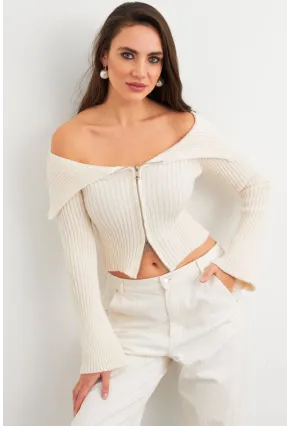 Kadın Ekru Devrik Yaka Kısa Hırka TEM103