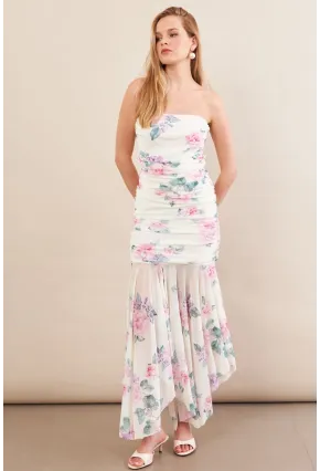 Kadın Ekru Drapeli Straplez Midi Tül Elbise ERL101