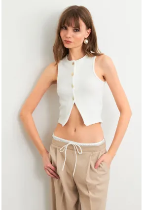 Kadın Ekru Düğme Detaylı Bluz CY354