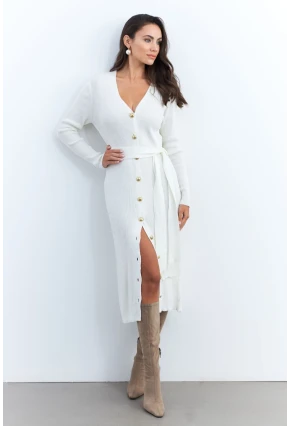 Kadın Ekru Düğme Detaylı Kuşaklı Midi Elbise MŞ1
