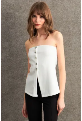 Kadın Ekru Düğme Detaylı Straplez Bluz CY355