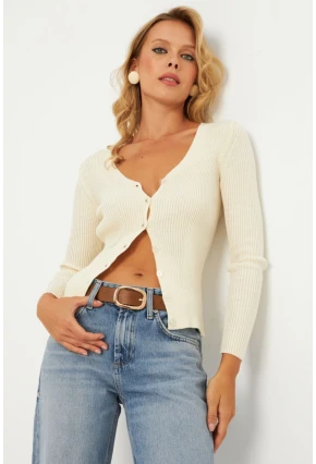 Kadın Ekru Düğmeli Triko Hırka YV94