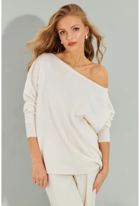 Kadın Ekru Düşük Omuz Triko Bluz YZ617
