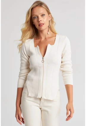 Kadın Ekru Fermuarlı Triko Kazak YZ523