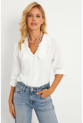 Kadın Ekru Fırfırlı Gömlek RLO19