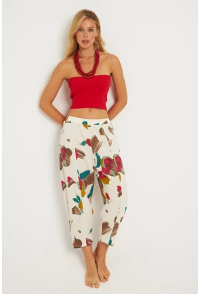 Kadın Ekru-Fuşya Desenli Keten Şalvar Pantolon K1253