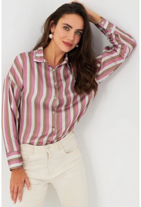 Kadın Ekru-Fuşya Desenli Saten Gömlek MSHR500