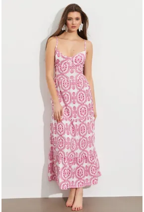 Kadın Ekru-Fuşya Sırt Dekolteli Desenli Maxi Elbise LİT110