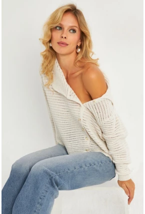 Kadın Ekru Geniş Yakalı Triko Hırka MİW4571