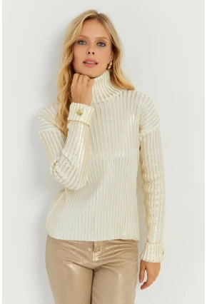 Kadın Ekru-Gold Düğme Detaylı Varaklı Triko Kazak SF2532