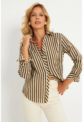 Kadın Ekru-Haki Çizgili Gömlek KED709