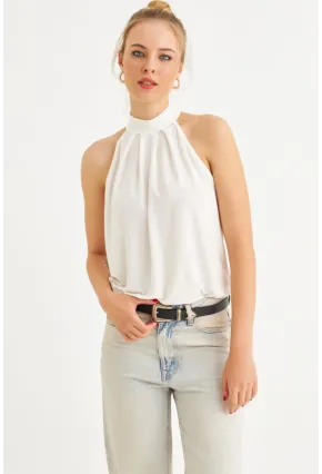 Kadın Ekru Halter Yaka Desenli Bluz LPP1273