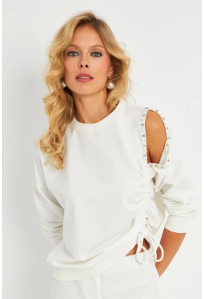 Kadın Ekru İnci Detaylı Büzgülü Sweatshirt RLO04