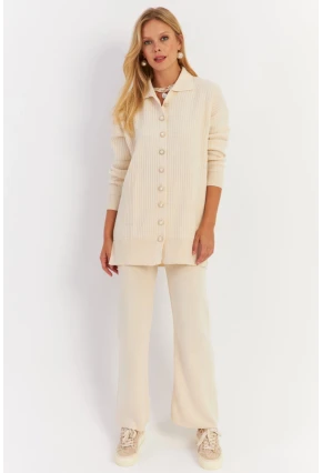 Kadın Ekru İnci Düğmeli Hırka Triko Alt Üst Takım MNUV26