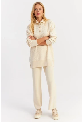 Kadın Ekru İnci Düğmeli Triko Alt Üst Takım NUV33