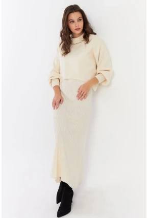 Kadın Ekru İncili Alt Üst Triko Takım NUV37