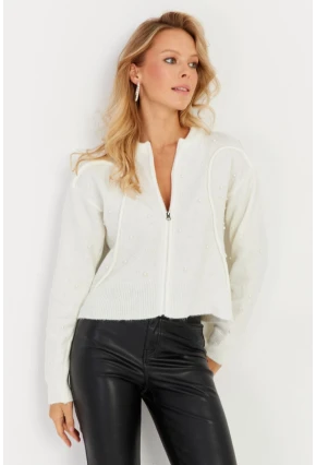 Kadın Ekru İncili Triko Hırka KED1203