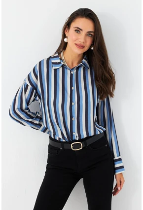 Kadın Ekru-İndigo Desenli Saten Gömlek MSHR500