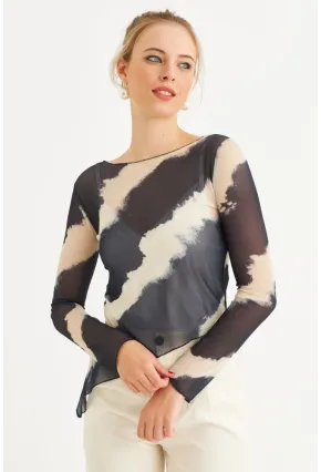 Kadın Ekru-İndigo Desenli Tül Bluz RSP1740