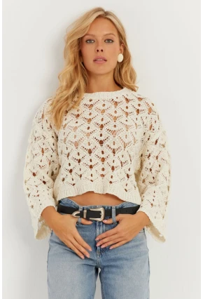 Kadın Ekru İspanyol Kol Ajurlu Triko Bluz MİW0761