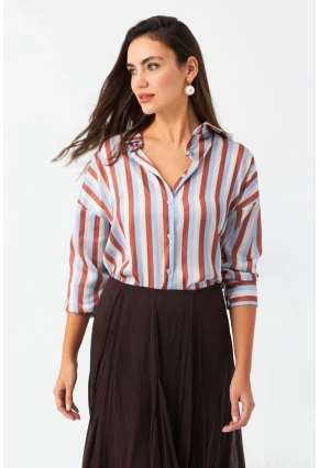 Kadın Ekru-Kahve Çizgili Saten Gömlek SHR9