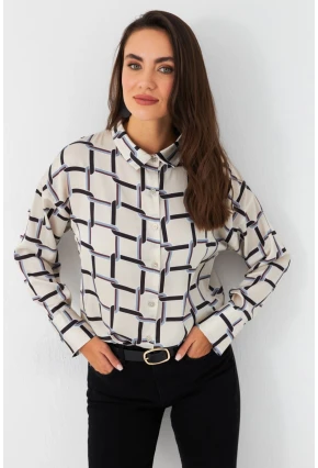 Kadın Ekru-Kahve Desenli Saten Gömlek MSHR500