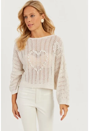 Kadın Ekru Kalpli Ajurlu Triko Bluz MİW3761