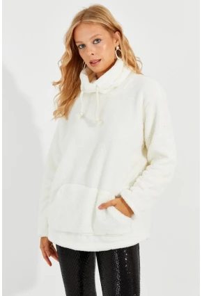 Kadın Ekru Kanguru Cep Peluş Sweatshirt Q978