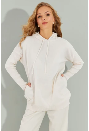 Kadın Ekru Kapüşonlu Cepli Triko Kazak YZ520