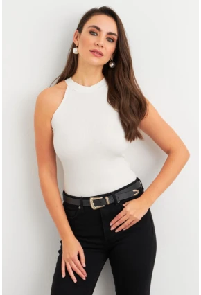 Kadın Ekru Kaşkorse Kolsuz Bluz TF46
