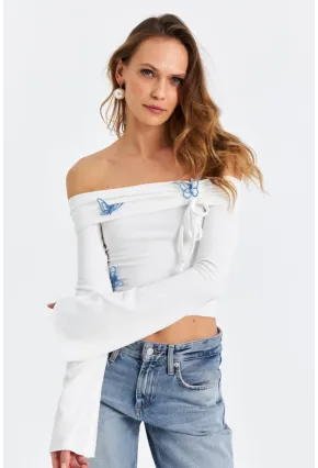 Kadın Ekru Kelebek Detaylı Madonna Yaka Bluz FLU7196