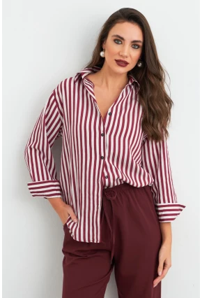 Kadın Ekru-Kiremit Çizgili Salaş Gömlek ELA6932