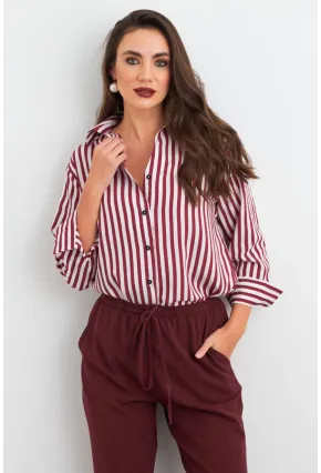 Kadın Ekru-Kiremit Çizgili Salaş Gömlek ELA6932
