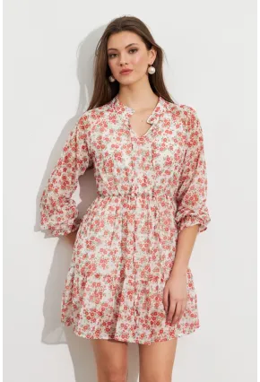 Kadın Ekru-Kırmızı Desenli Şifon Mini Elbise ROP107