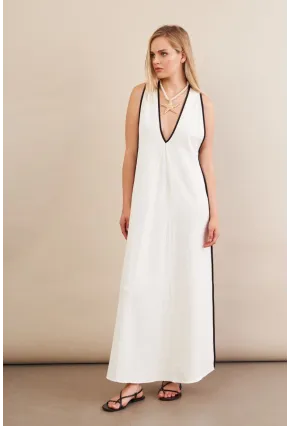 Kadın Ekru Kontrast Çizgili Maxi Keten Elbise MSİ101