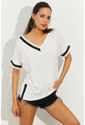 Kadın Ekru Kontrast T-Shirt ST396