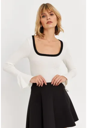 Kadın Ekru Kontrast Yaka İspanyol Kol Bluz ALB3105