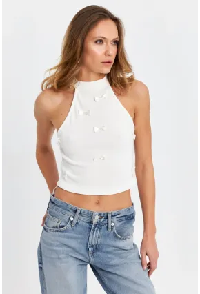 Kadın Ekru Kurdele Detaylı Halter Yaka Bluz MTK13231