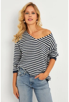 Kadın Ekru-Lacivert V Yaka Triko Salaş Bluz YV283