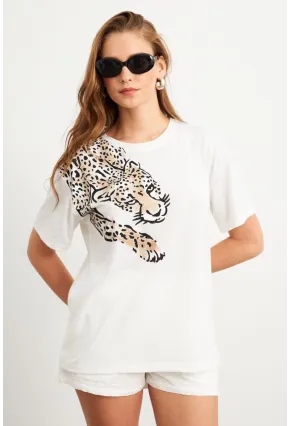 Kadın Ekru Leopar Baskılı T-Shirt FİR2137