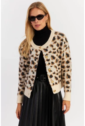 Kadın Ekru Leopar Hırka MYV285