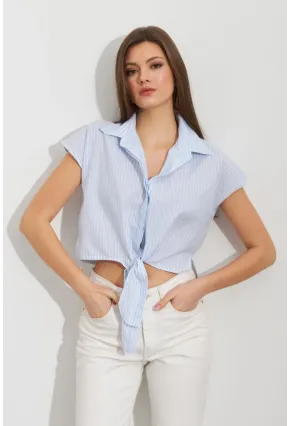 Kadın Ekru-Mavi Çizgili Bağlamalı Crop Gömlek MPC306