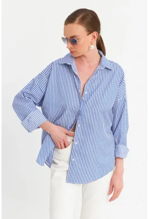 Kadın Ekru-Mavi Çizgili Gömlek ZER425