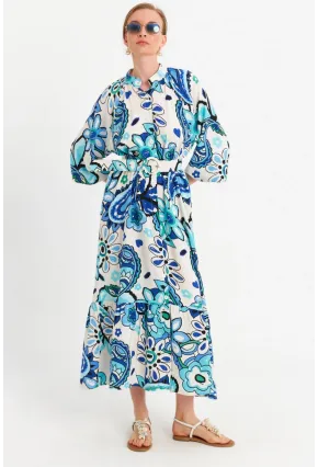 Kadın Ekru-Mavi Desenli Kemerli Midi Gömlek Elbise MSH3051
