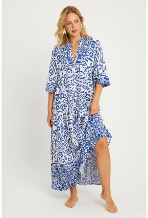 Kadın Ekru-Mavi Desenli Midi Elbise MGÇ169