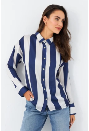 Kadın Ekru-Mavi Desenli Saten Gömlek MSHR500