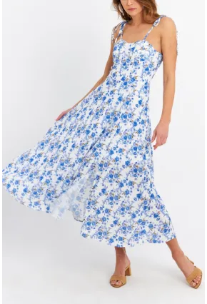 Kadın Ekru-Mavi İp Askılı Çiçekli Midi Elbise ERL10013