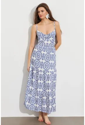 Kadın Ekru-Mavi Sırt Dekolteli Desenli Maxi Elbise LİT110